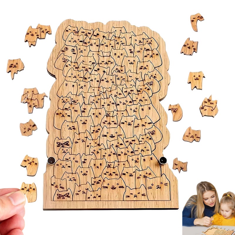 Cat Shaped Wooden Jigsaw Puzzle,Colored Cat Shaped Wooden Jigsaw Puzzle,Framed by Adorable Cats Outline Puzzles,Animal Cats WoodenPuzzles Pieces Decor for CatLovers,Christmas New Year Gift - Image 1